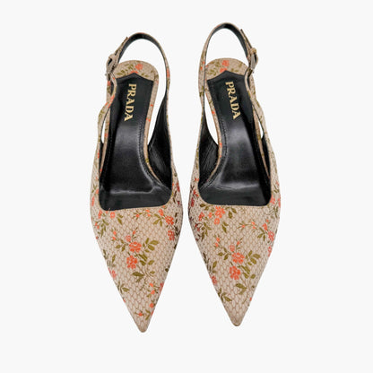 Prada Floral Embroidered Slingback Pumps Beige Size 39