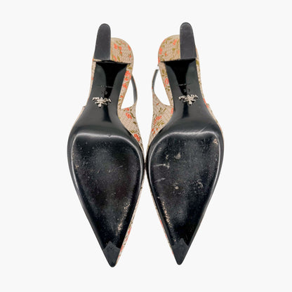 Prada Floral Embroidered Slingback Pumps Beige Size 39