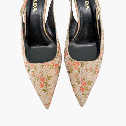 Prada Floral Embroidered Slingback Pumps Beige Size 39