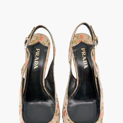 Prada Floral Embroidered Slingback Pumps Beige Size 39