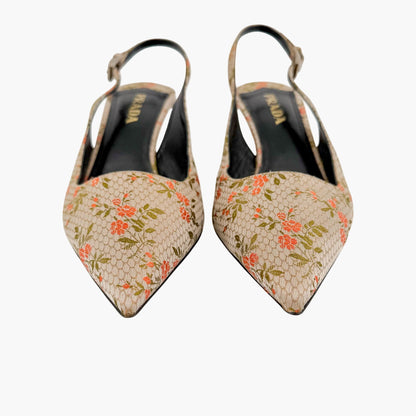 Prada Floral Embroidered Slingback Pumps Beige Size 39