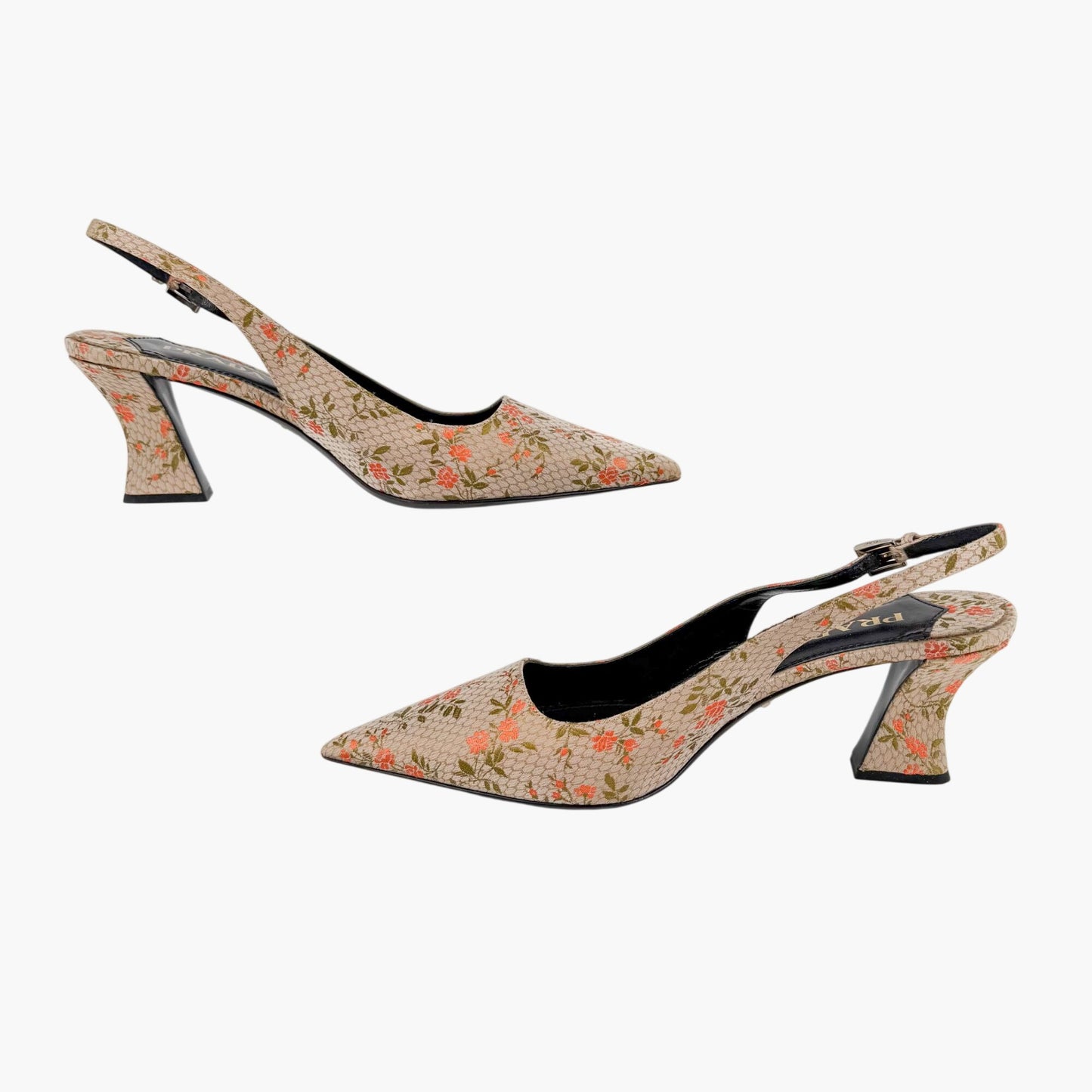 Prada Floral Embroidered Slingback Pumps Beige Size 39