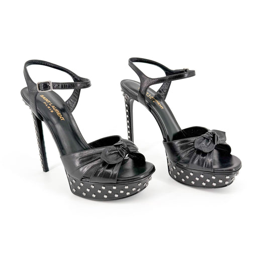 Saint Laurent Crystal Bow Platform Sandals in Black Leather Size 39.5