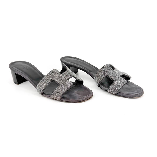 Hermès Oasis Crystal H Slide Sandals Black Silver Size 38