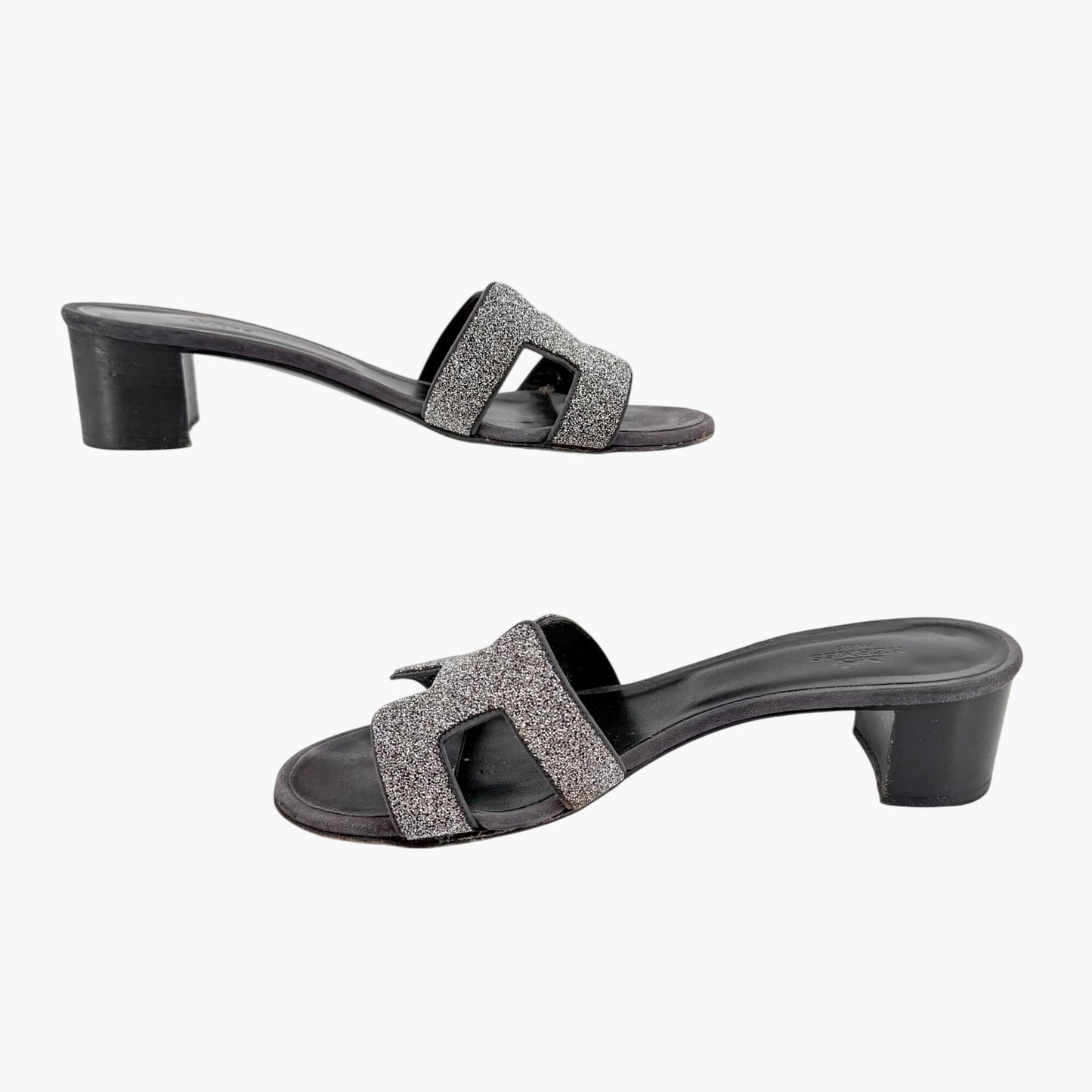 Hermès Oasis Crystal H Slide Sandals Black Silver Size 38