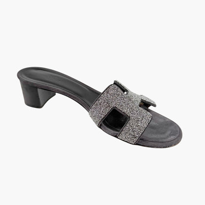 Hermès Oasis Crystal H Slide Sandals Black Silver Size 38