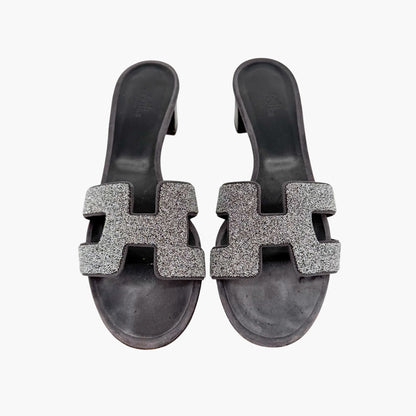 Hermès Oasis Crystal H Slide Sandals Black Silver Size 38