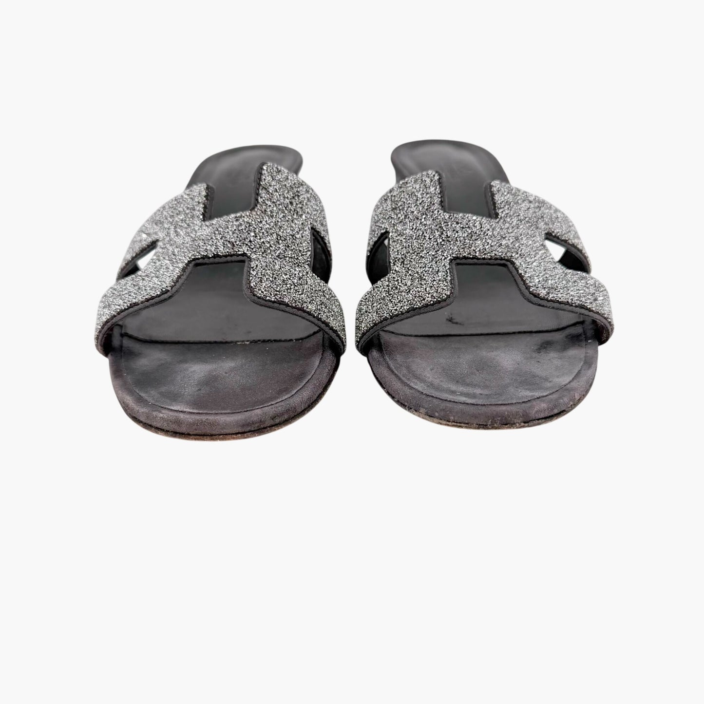Hermès Oasis Crystal H Slide Sandals Black Silver Size 38