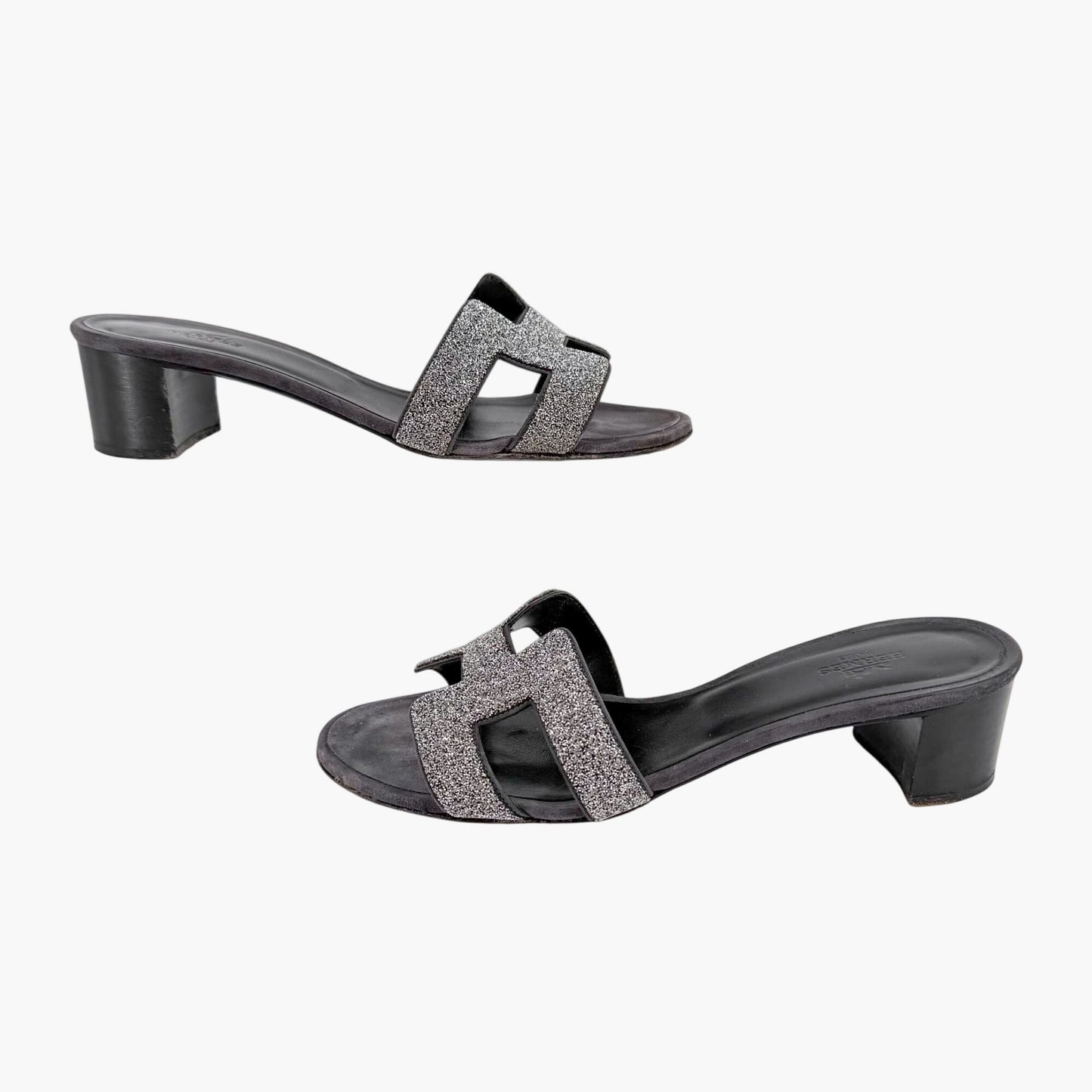 Hermès Oasis Crystal H Slide Sandals Black Silver Size 38
