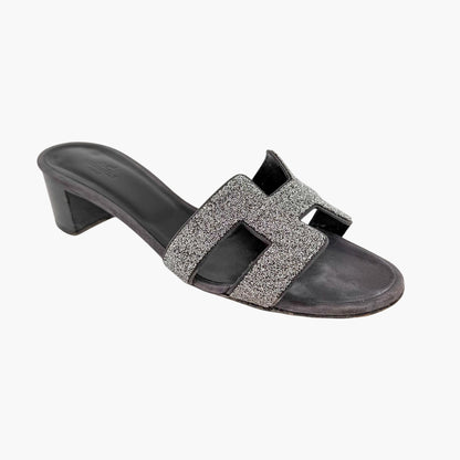 Hermès Oasis Crystal H Slide Sandals Black Silver Size 38