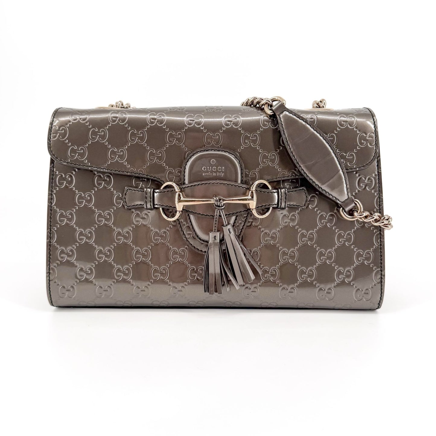 Gucci Emily Medium Chain Shine Guccissima Shoulder Bag Gray