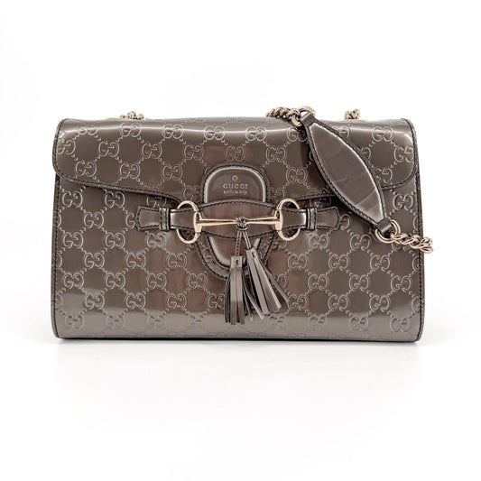 Gucci Emily Medium Chain Shine Guccissima Shoulder Bag Gray