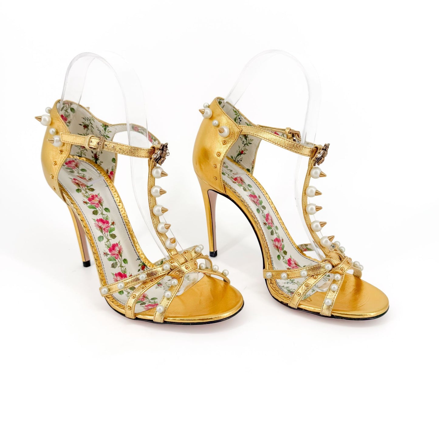Gucci Regina Studded Pearl Heels Gold Leather Size 37.5