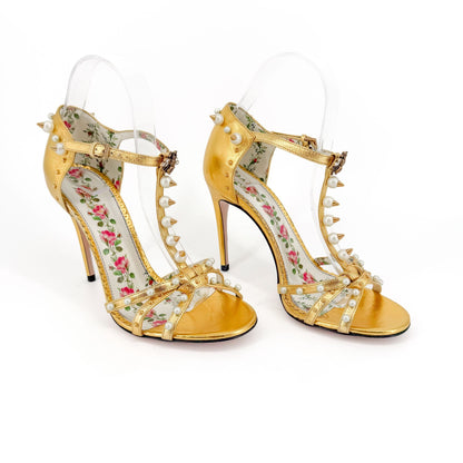 Gucci Regina Studded Pearl Heels Gold Leather Size 37.5