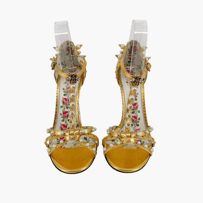Gucci Regina Studded Pearl Heels Gold Leather Size 37.5
