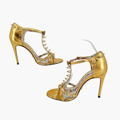 Gucci Regina Studded Pearl Heels Gold Leather Size 37.5