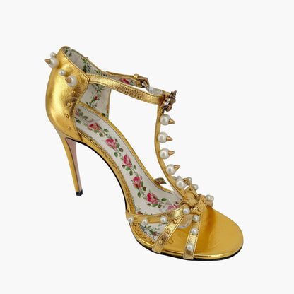 Gucci Regina Studded Pearl Heels Gold Leather Size 37.5