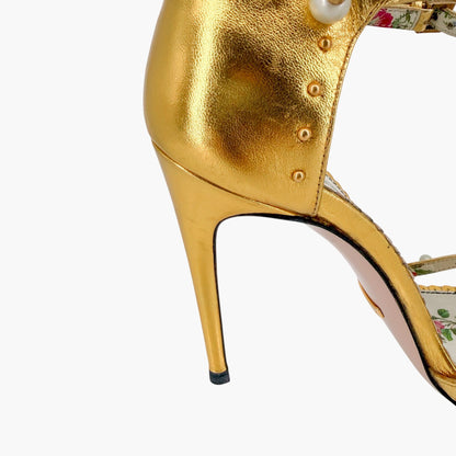 Gucci Regina Studded Pearl Heels Gold Leather Size 37.5