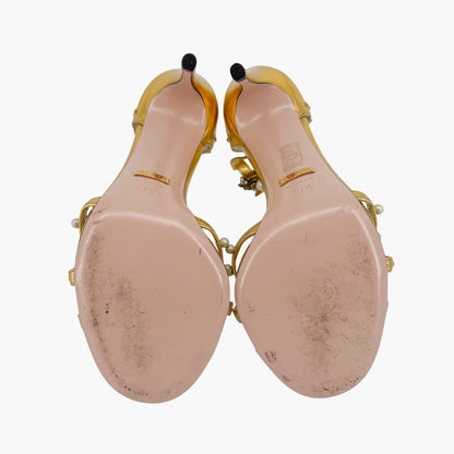 Gucci Regina Studded Pearl Heels Gold Leather Size 37.5
