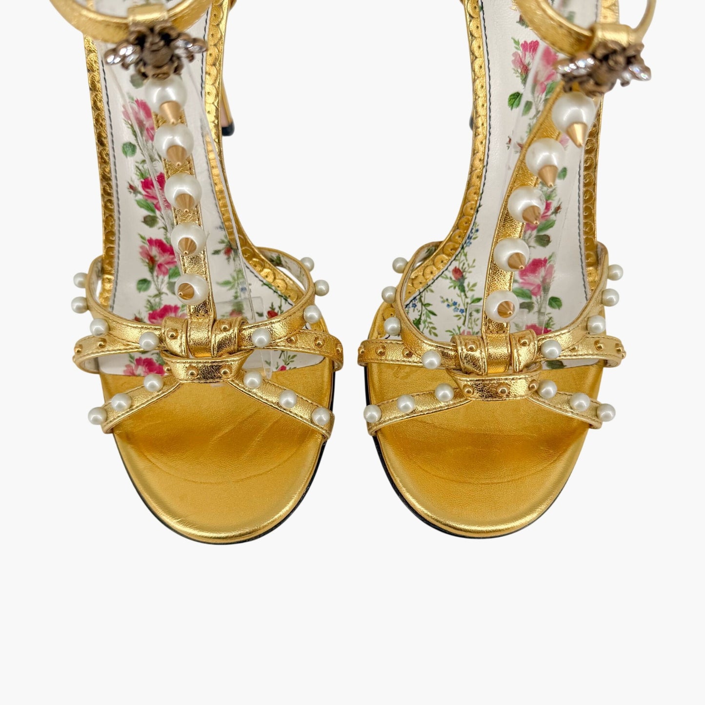 Gucci Regina Studded Pearl Heels Gold Leather Size 37.5