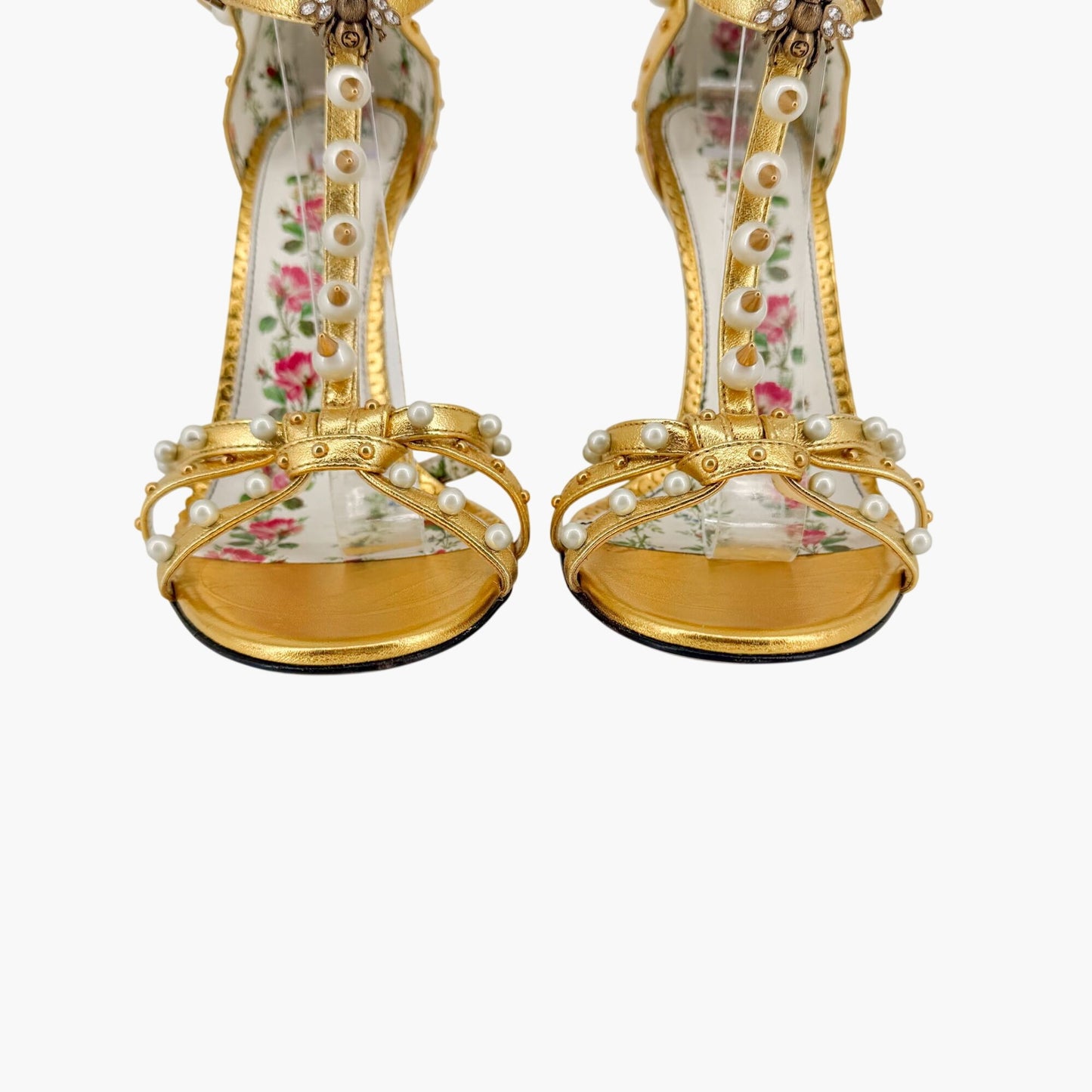 Gucci Regina Studded Pearl Heels Gold Leather Size 37.5