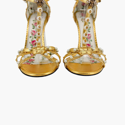 Gucci Regina Studded Pearl Heels Gold Leather Size 37.5