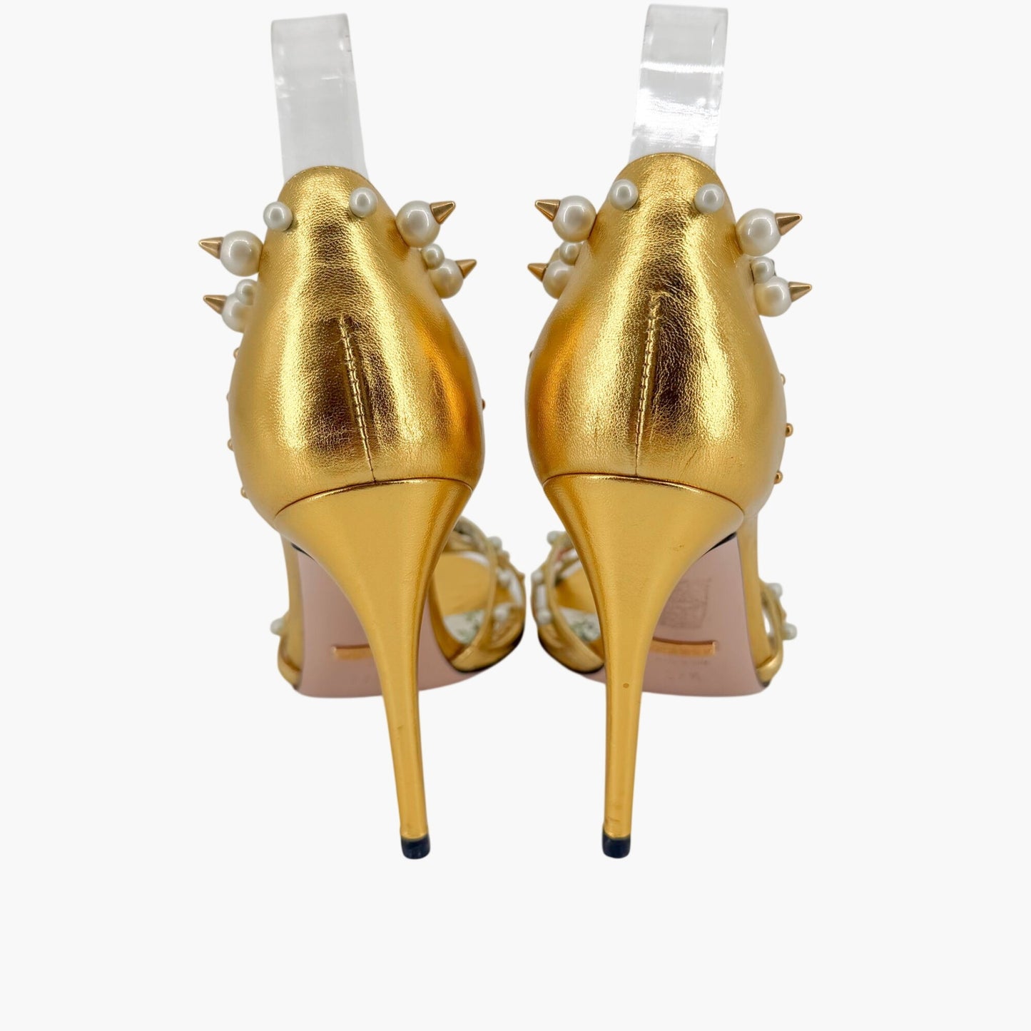 Gucci Regina Studded Pearl Heels Gold Leather Size 37.5
