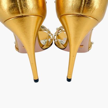 Gucci Regina Studded Pearl Heels Gold Leather Size 37.5