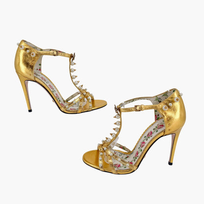 Gucci Regina Studded Pearl Heels Gold Leather Size 37.5