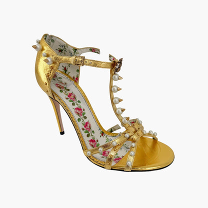 Gucci Regina Studded Pearl Heels Gold Leather Size 37.5