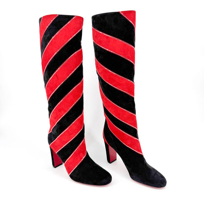 Christian Louboutin Gael Botta Strass Knee-High Boots in Red & Black Striped Suede Size 39.5