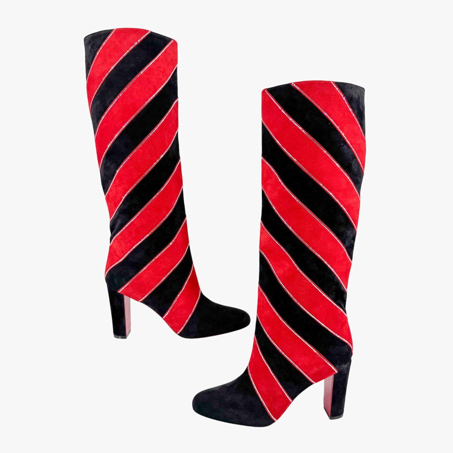 Christian Louboutin Gael Botta Strass Knee-High Boots in Red & Black Striped Suede Size 39.5