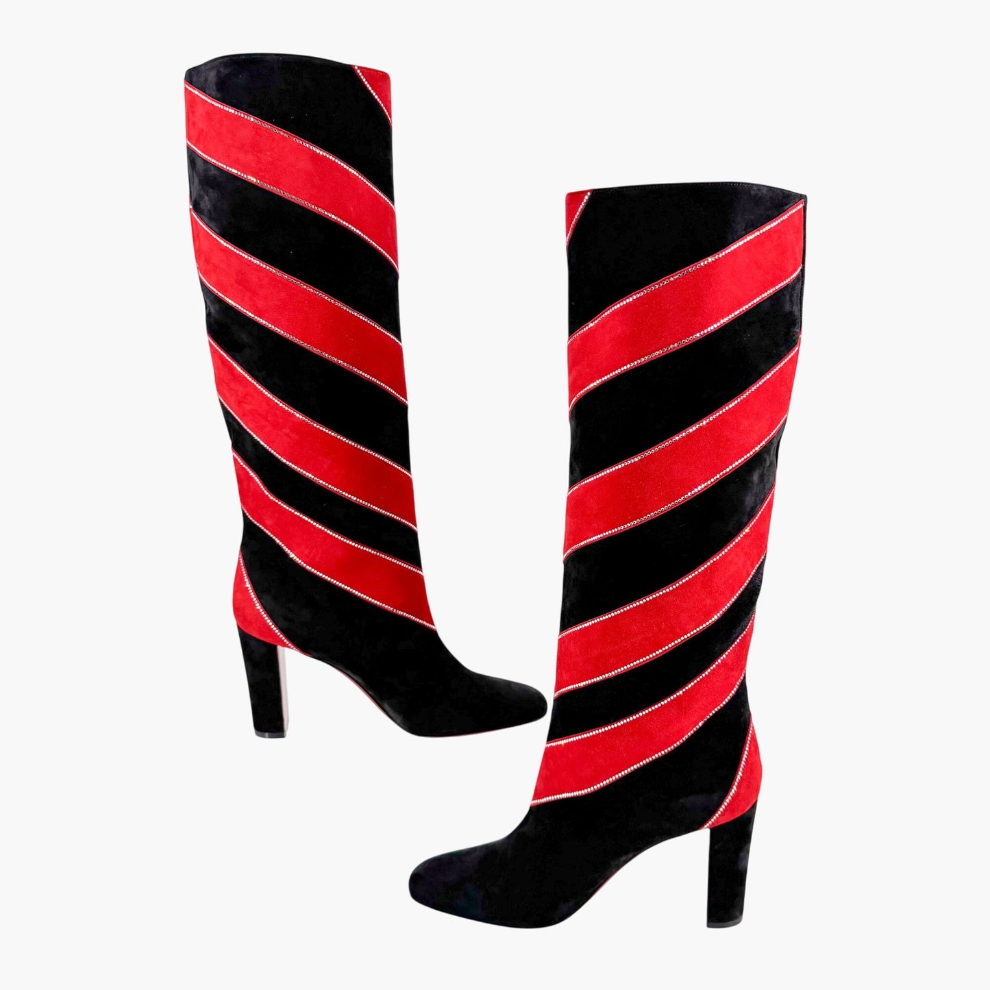 Christian Louboutin Gael Botta Strass Knee-High Boots in Red & Black Striped Suede Size 39.5