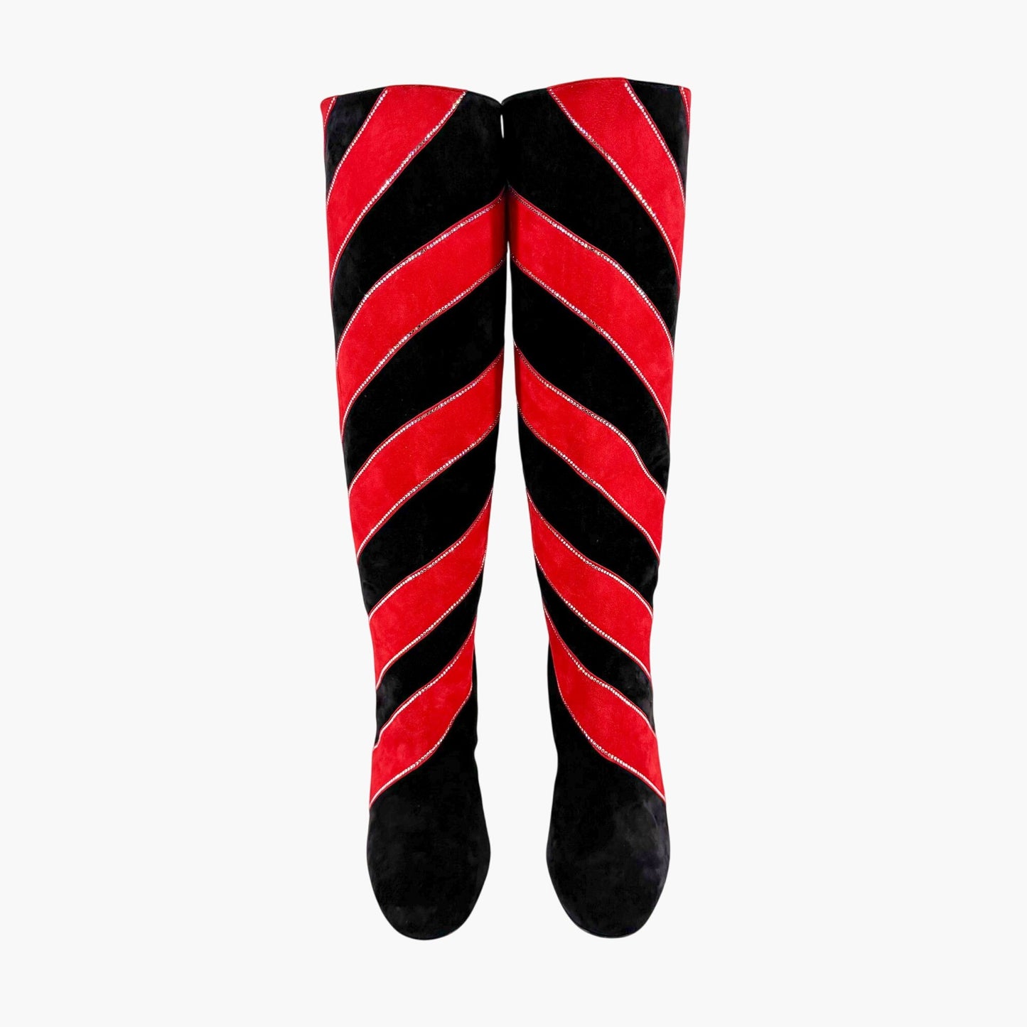 Christian Louboutin Gael Botta Strass Knee-High Boots in Red & Black Striped Suede Size 39.5