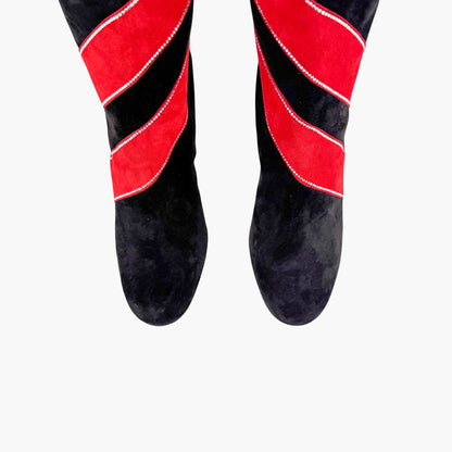 Christian Louboutin Gael Botta Strass Knee-High Boots in Red & Black Striped Suede Size 39.5