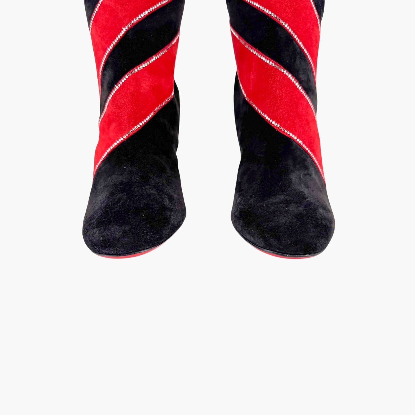 Christian Louboutin Gael Botta Strass Knee-High Boots in Red & Black Striped Suede Size 39.5