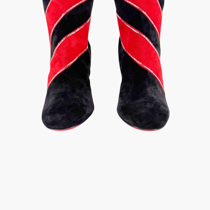 Christian Louboutin Gael Botta Strass Knee-High Boots in Red & Black Striped Suede Size 39.5