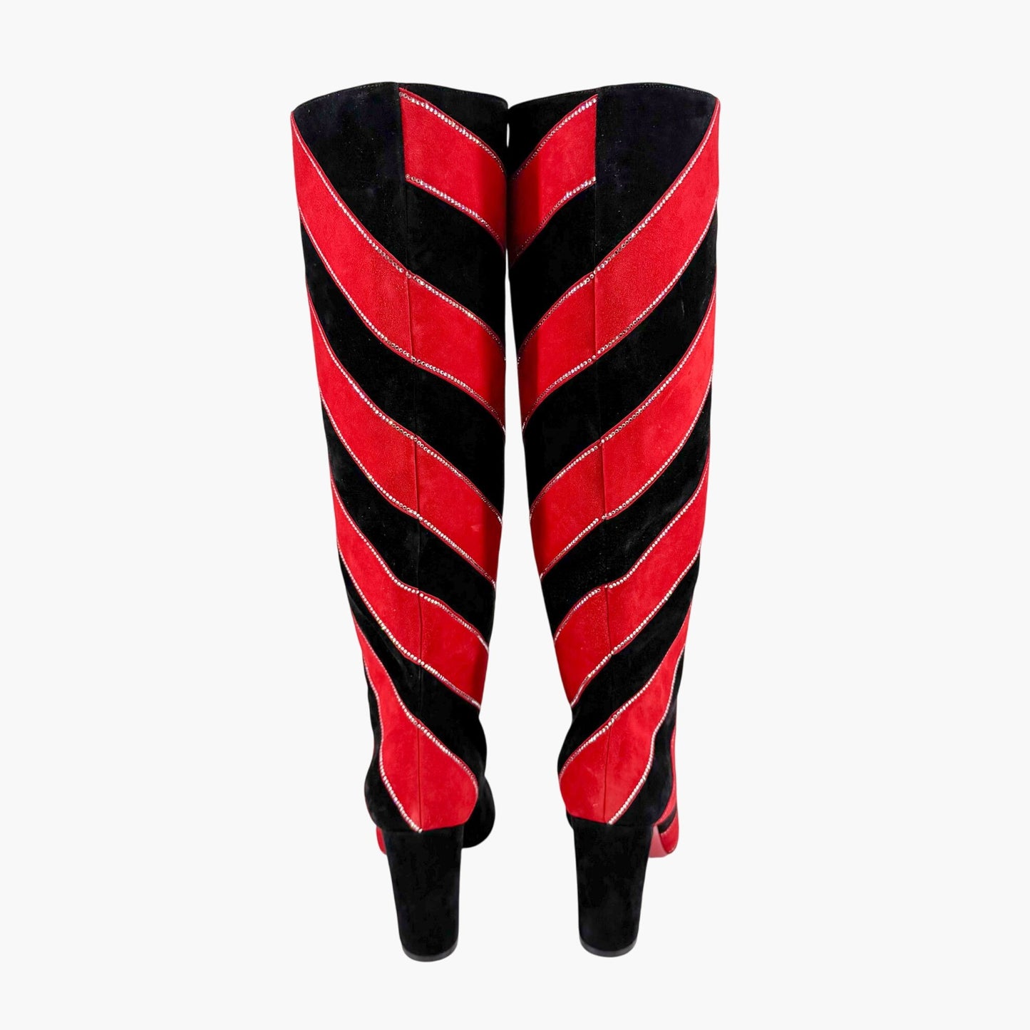 Christian Louboutin Gael Botta Strass Knee-High Boots in Red & Black Striped Suede Size 39.5