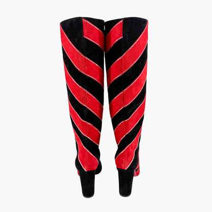 Christian Louboutin Gael Botta Strass Knee-High Boots in Red & Black Striped Suede Size 39.5