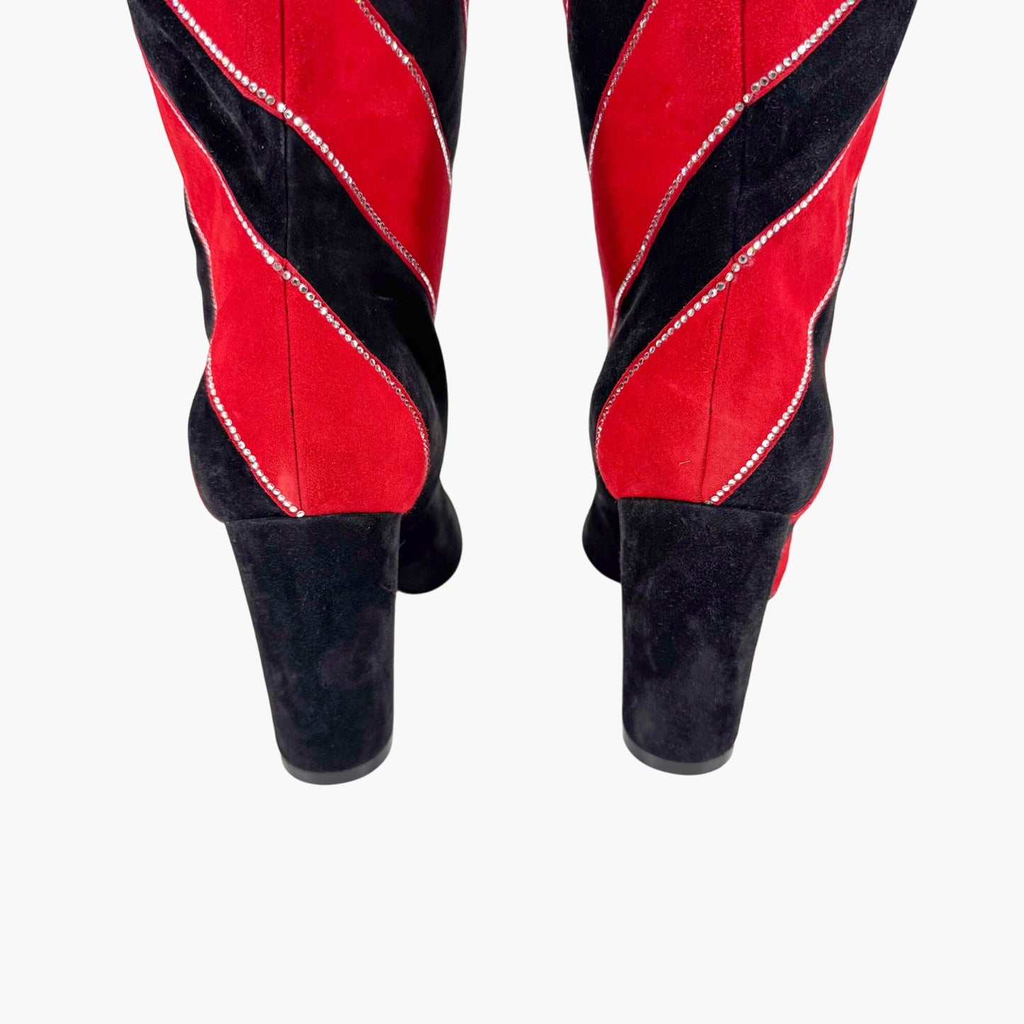 Christian Louboutin Gael Botta Strass Knee-High Boots in Red & Black Striped Suede Size 39.5