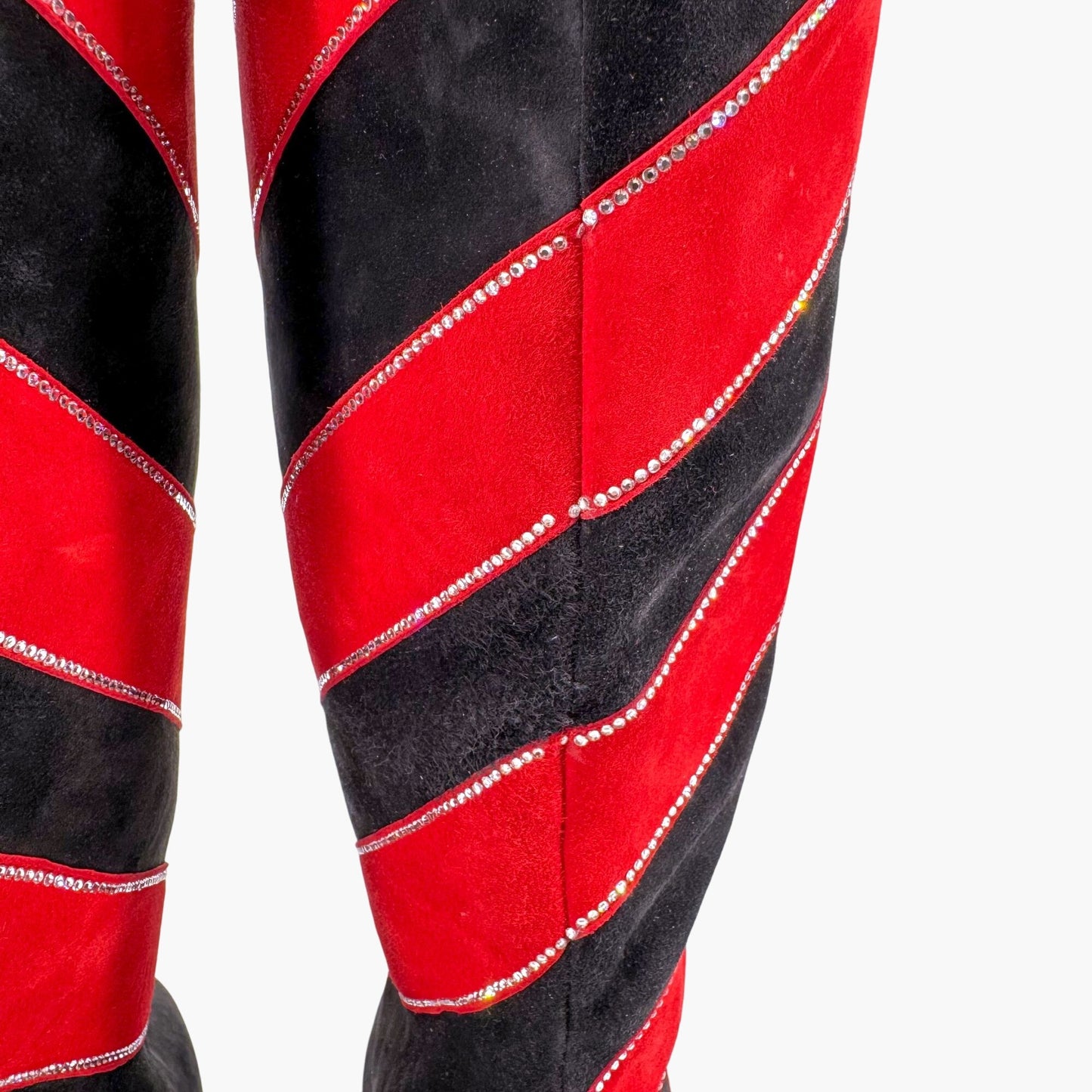Christian Louboutin Gael Botta Strass Knee-High Boots in Red & Black Striped Suede Size 39.5