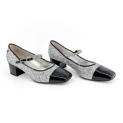 Chanel Silver Glitter CC Cap Toe Mary Jane Pumps Size 41.5