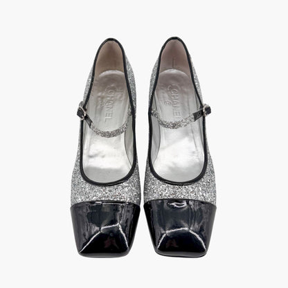 Chanel Silver Glitter CC Cap Toe Mary Jane Pumps Size 41.5