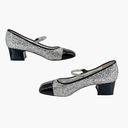 Chanel Silver Glitter CC Cap Toe Mary Jane Pumps Size 41.5