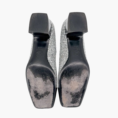 Chanel Silver Glitter CC Cap Toe Mary Jane Pumps Size 41.5