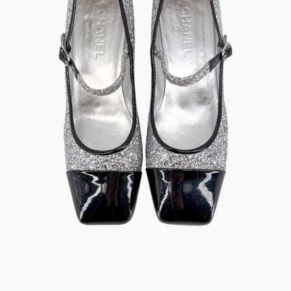 Chanel Silver Glitter CC Cap Toe Mary Jane Pumps Size 41.5
