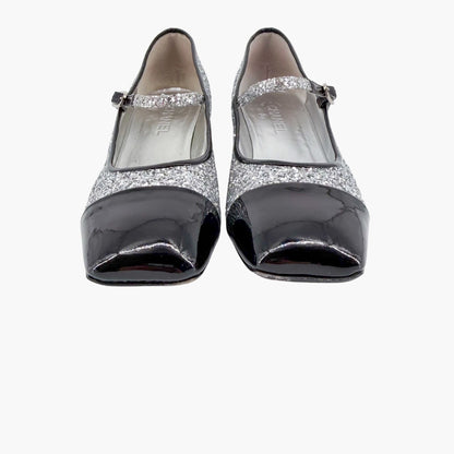 Chanel Silver Glitter CC Cap Toe Mary Jane Pumps Size 41.5