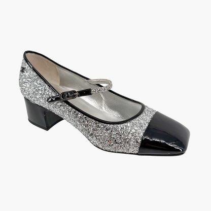 Chanel Silver Glitter CC Cap Toe Mary Jane Pumps Size 41.5