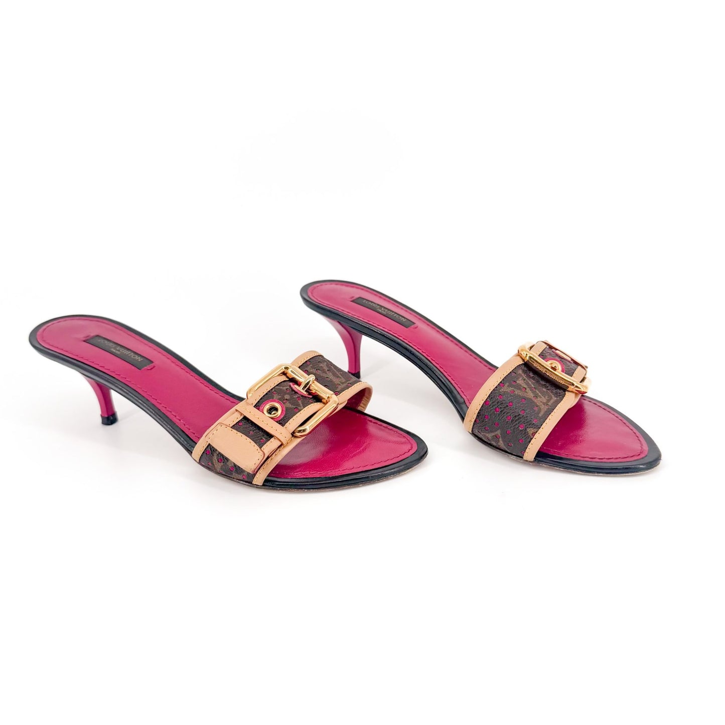 Louis Vuitton Vintage LV Kitten Mule Sandals in Brown Canvas & Purple Leather Size 36.5
