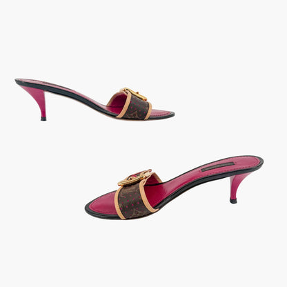 Louis Vuitton Vintage LV Kitten Mule Sandals in Brown Canvas & Purple Leather Size 36.5